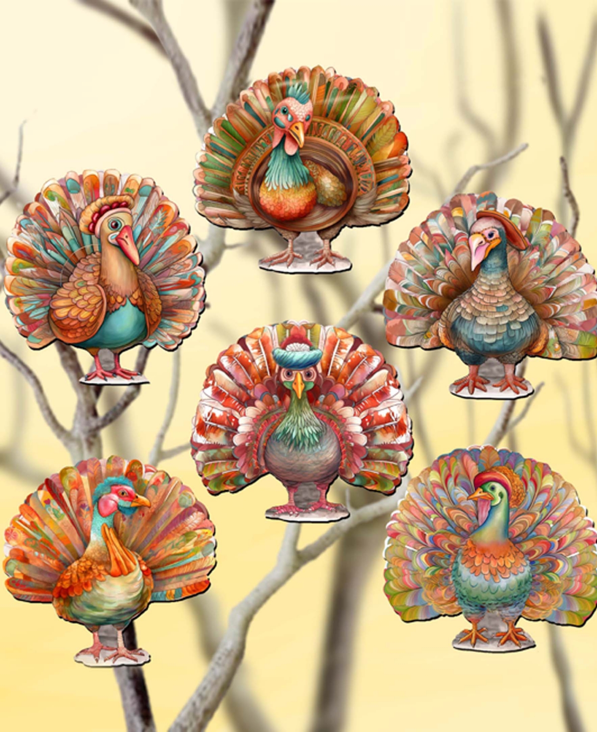 Designocracy Holiday Wooden Clip-on Ornaments Turkey Set Of 6 G. Debrekht In Multi Color