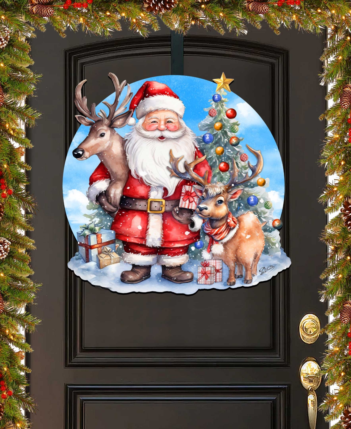 Designocracy Santa With Reindeers Christmas Door Hanger Wooden Door Decor G. Debrekht In Multi Color