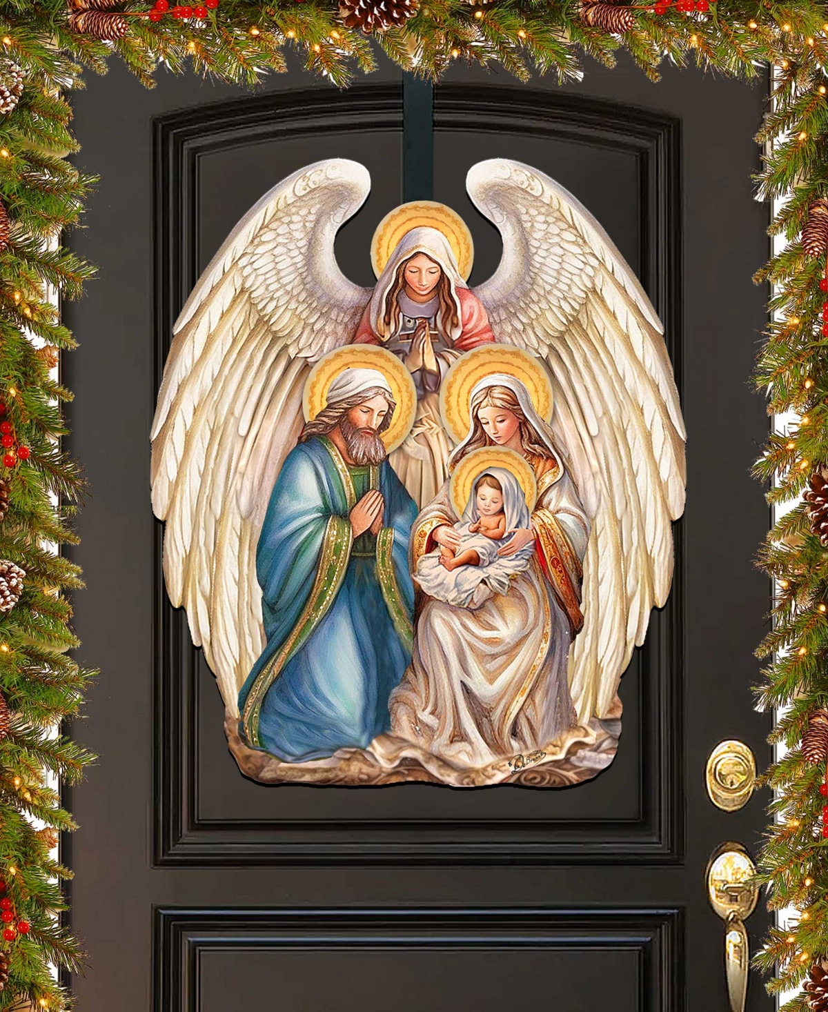 Designocracy Nativity With Angel Christmas Wooden Door Decor Wall Decor G. Debrekht In Multi Color