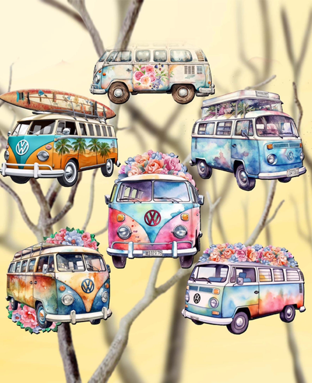 Designocracy Holiday Wooden Clip-on Ornaments Volkswagen Vans Set Of 6 G. Debrekht In Multi Color