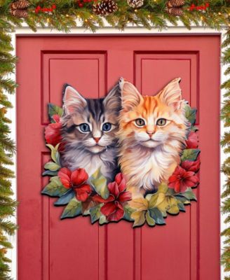 Cute Kittens Christmas Wooden Door Hanger Door Decor G. DeBrekht