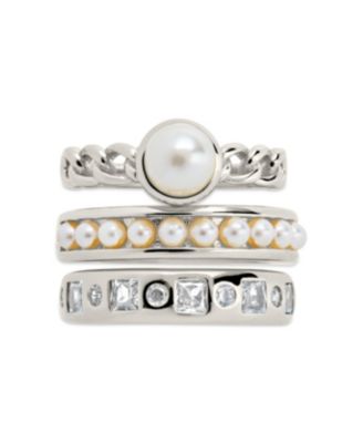 Cubic Zirconia Genuine Shell Pearl Kimber Stacking 3 Piece Ring Set