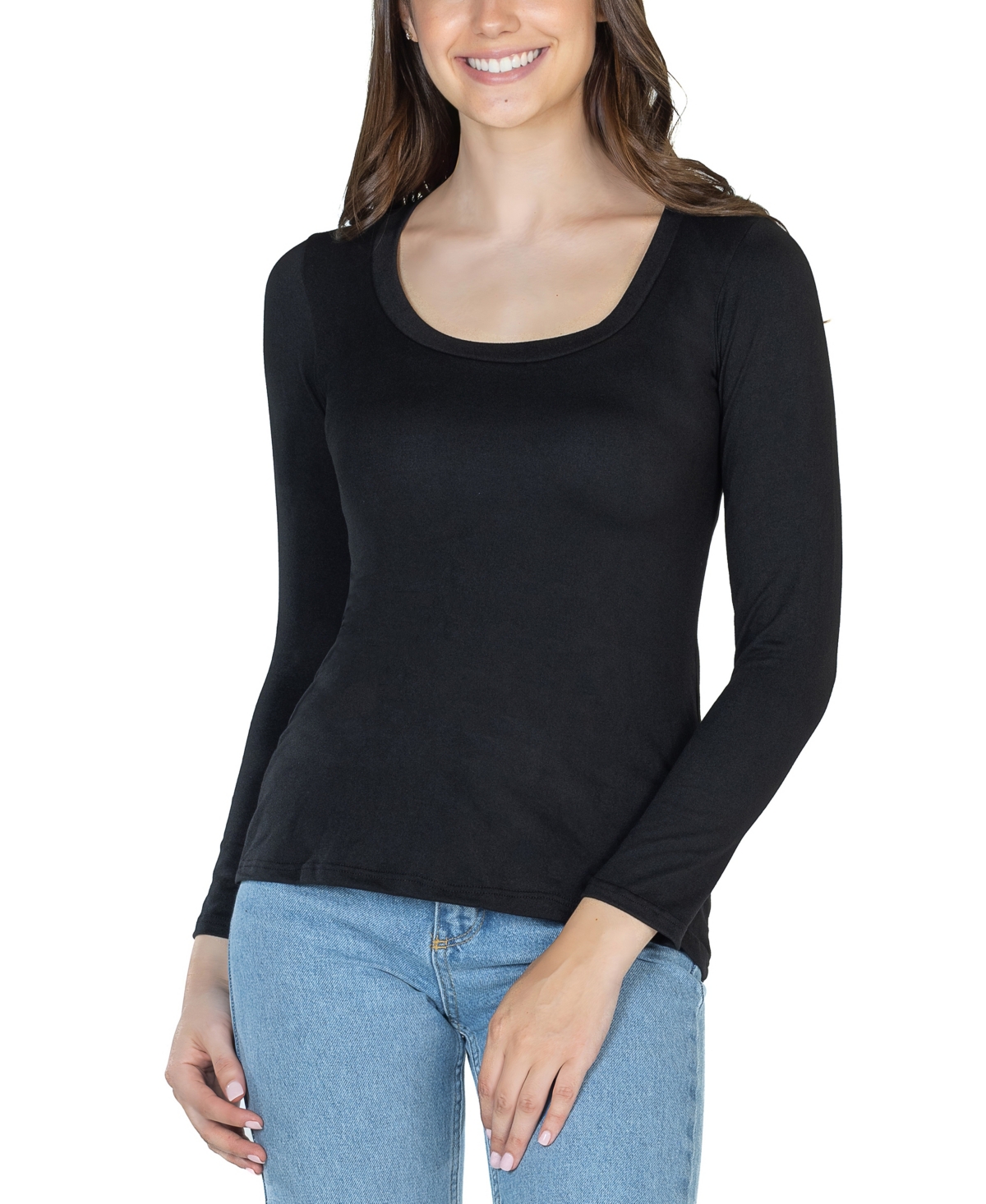 24seven Comfort Apparel Women's Long Sleeve Scoop Neck Top In Black
