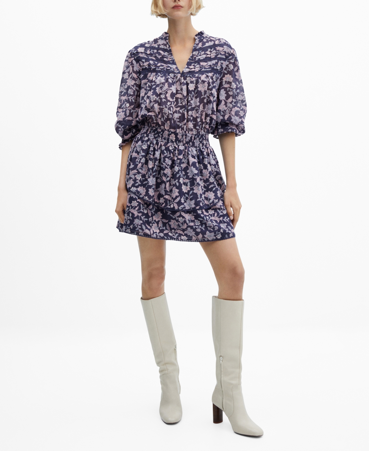 Mango Floral Ruffled Dress Purple | ModeSens