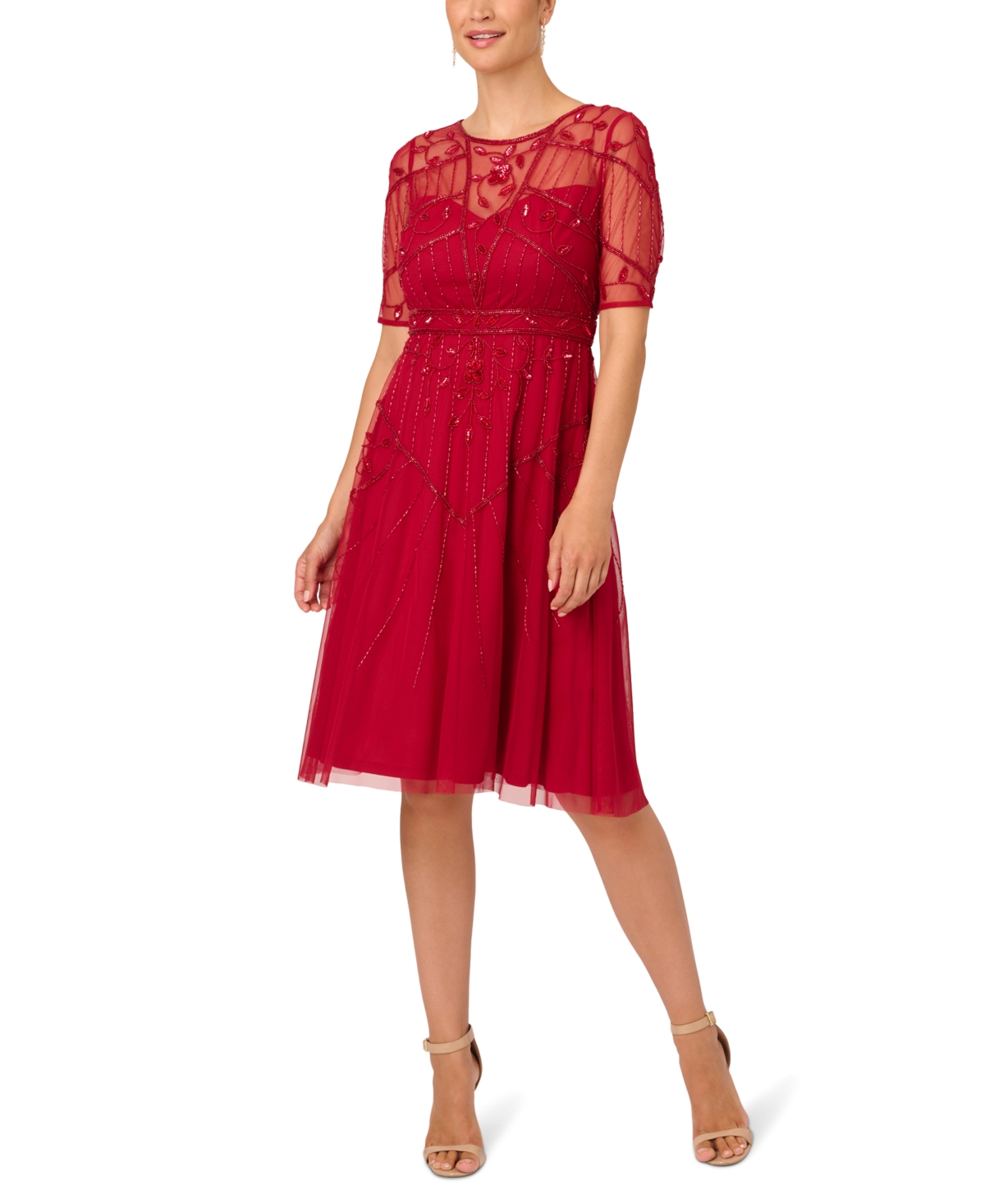 Adrianna Papell Women's Beaded Short-sleeve Midi Dress In Cranberry