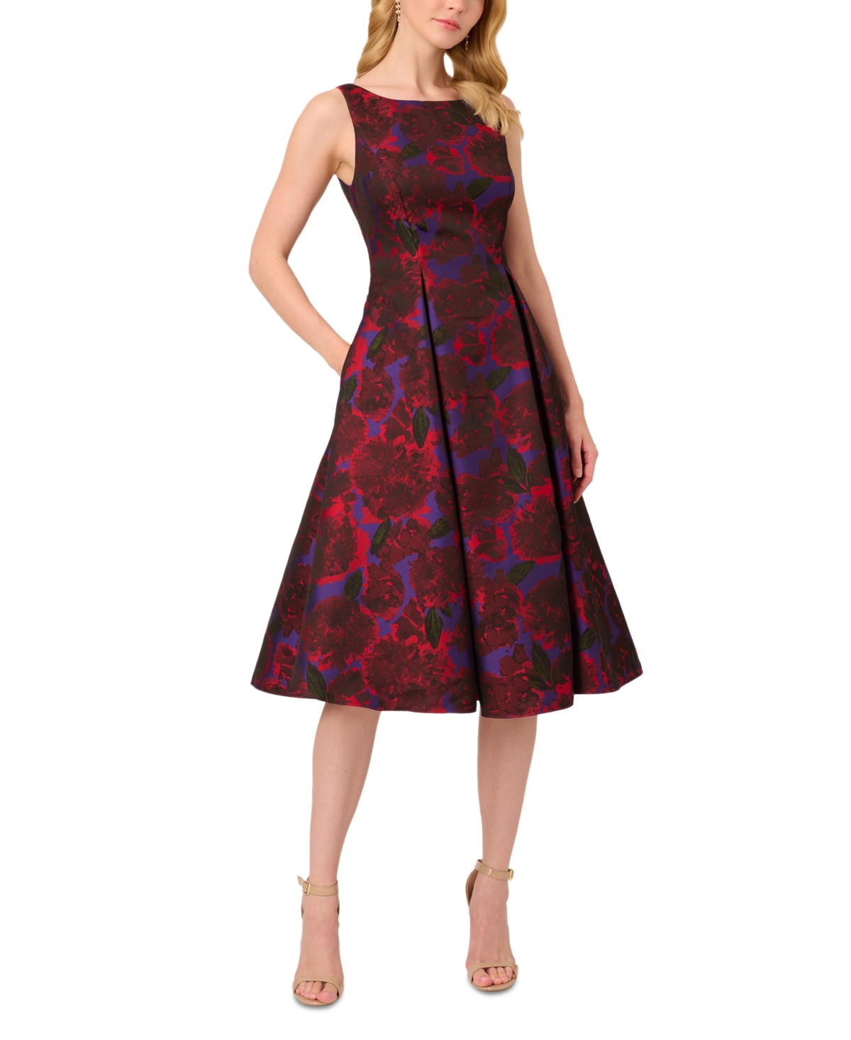 Shop Adrianna Papell Women's Jacquard Tea-length Dress In Red Multi