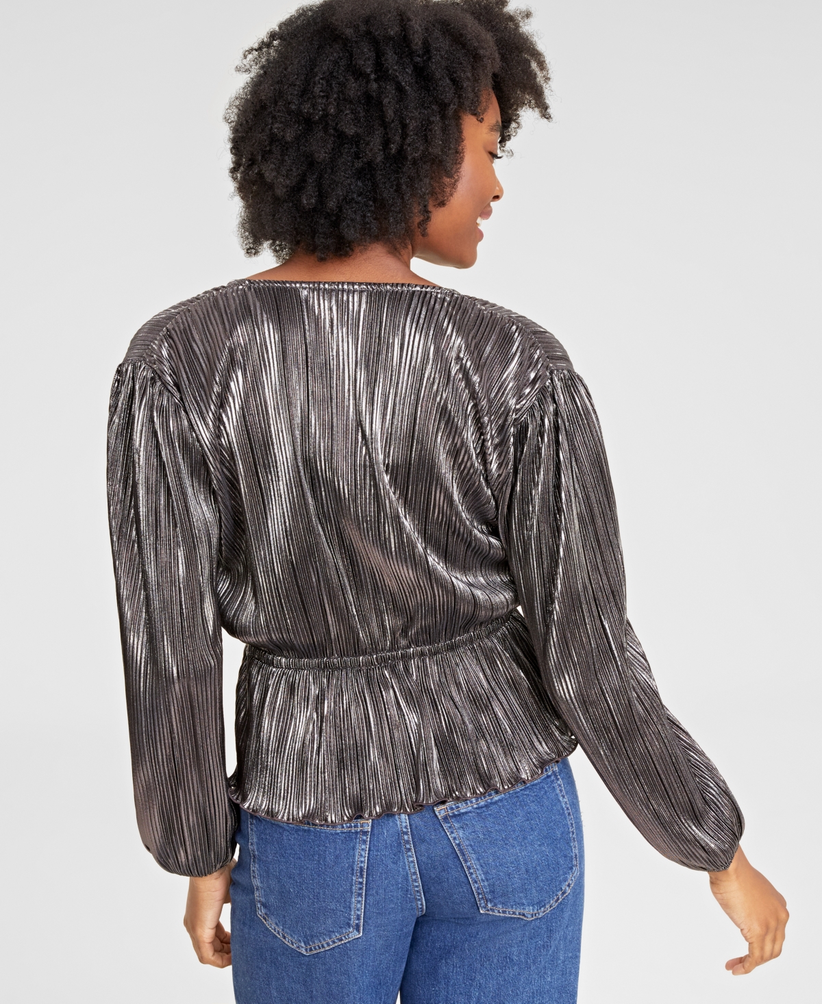 On 34th Women's Metallic Plisse Surplice-Neck Peplum Top, Created for Macy's -gunmetal