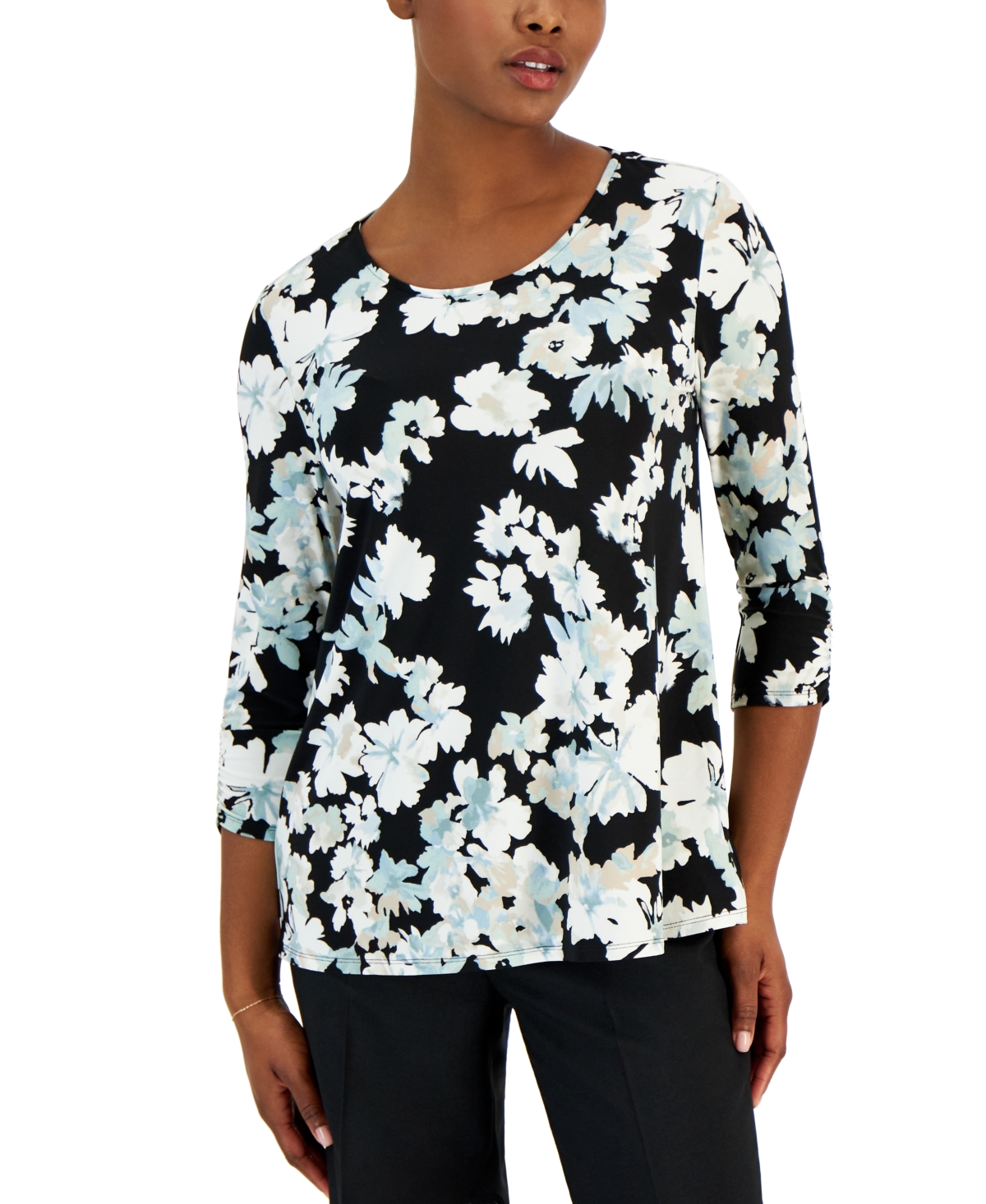 Petite Floral Ruched-Sleeve Top - Jade Stone Multi