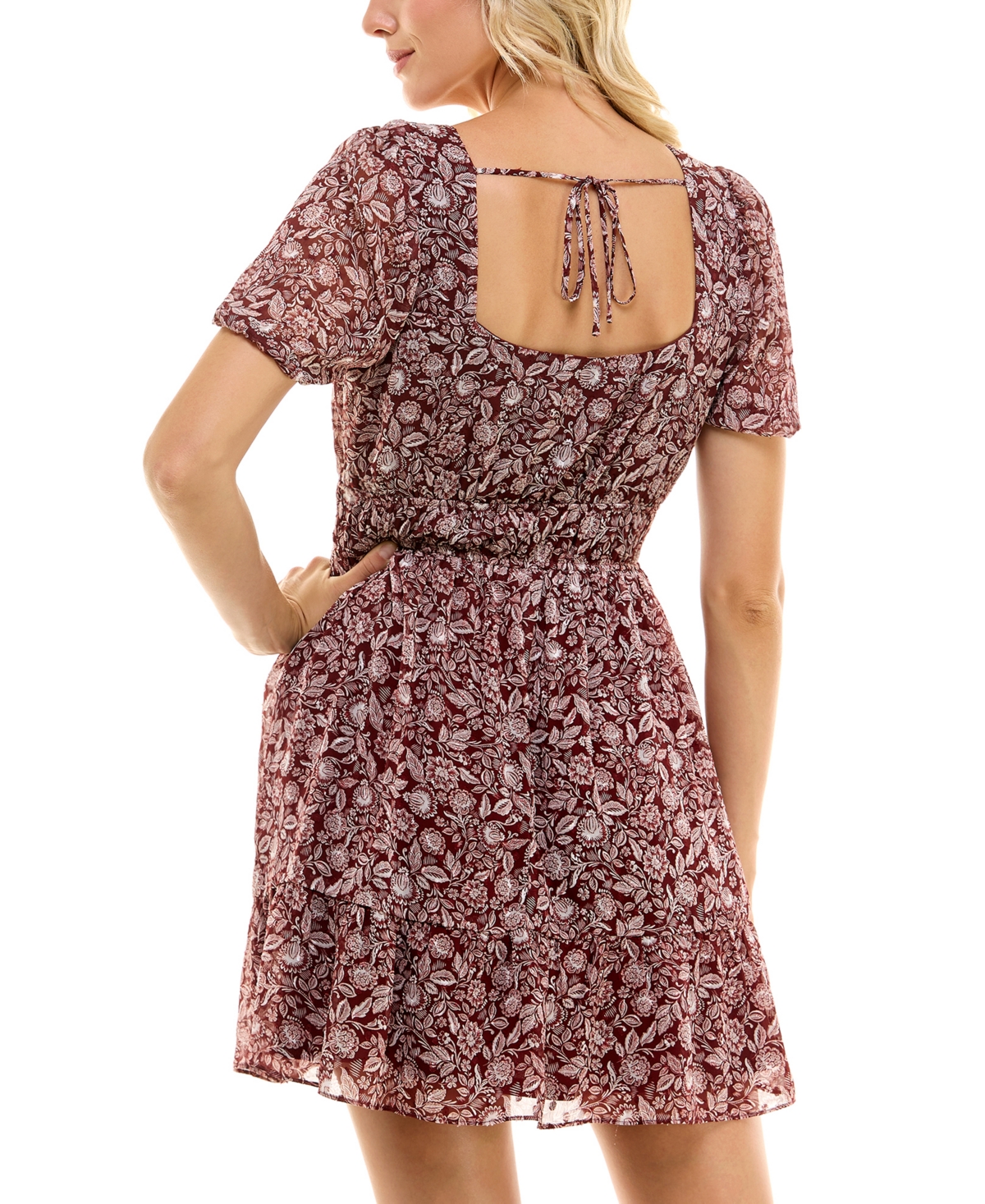 Shop Bcx Juniors' Printed Puff-sleeve A-line Dress In Wine,floral