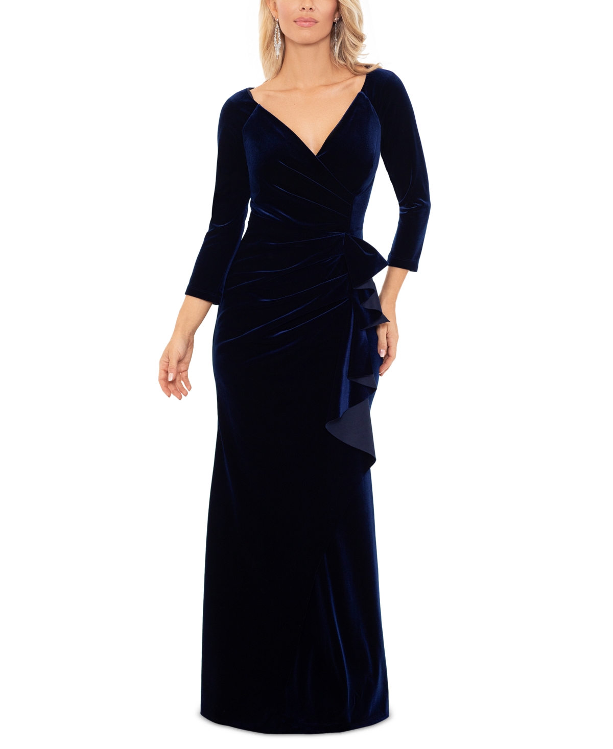 Xscape Women's V-neck Ruffle-front Long-sleeve Gown In Navy