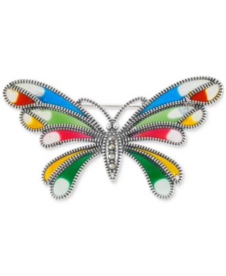 Marcasite (1/10 ct. t.w.), Cubic Zirconia, & Multicolor Enamel Butterfly Pin in Sterling Silver