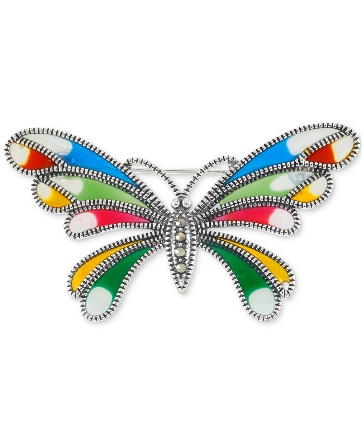 Marcasite (1/10 ct. t.w.), Cubic Zirconia, & Multicolor Enamel Butterfly Pin in Sterling Silver - Sterling Silver