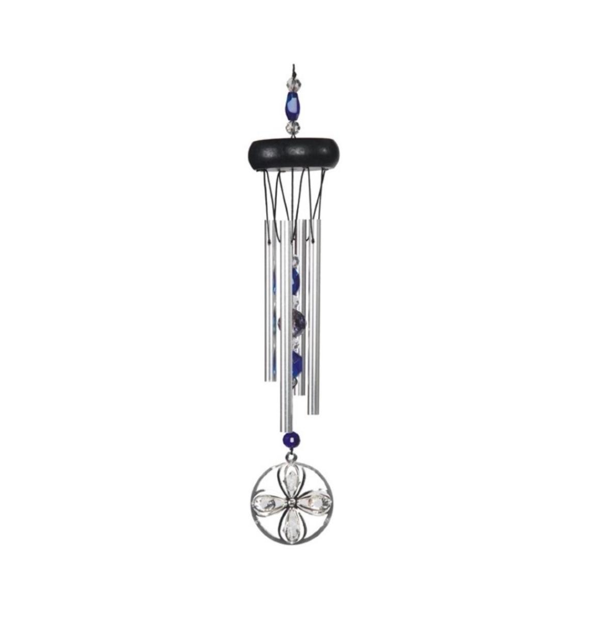 15" Long Blue Wooden Top Gem Wind Chime - Silver