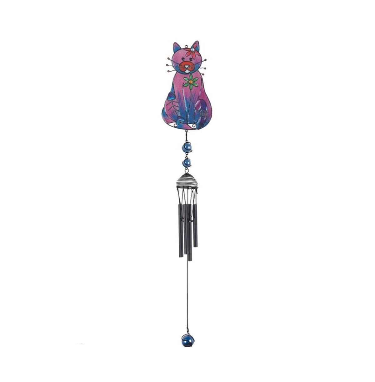 30" Long Purple Cat with Fish Bone Black Gem Wind Chime - Multi