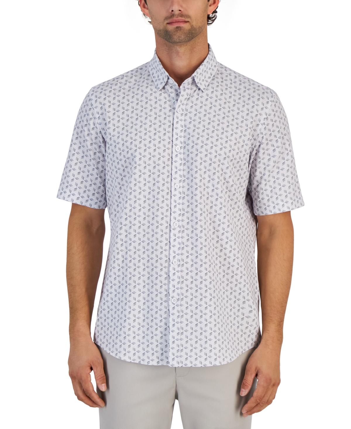 Alfani Men's Alfatech Geometric Print Stretch Button-up Short-sleeve Shirt, Created For Macy's In Bright White Combo