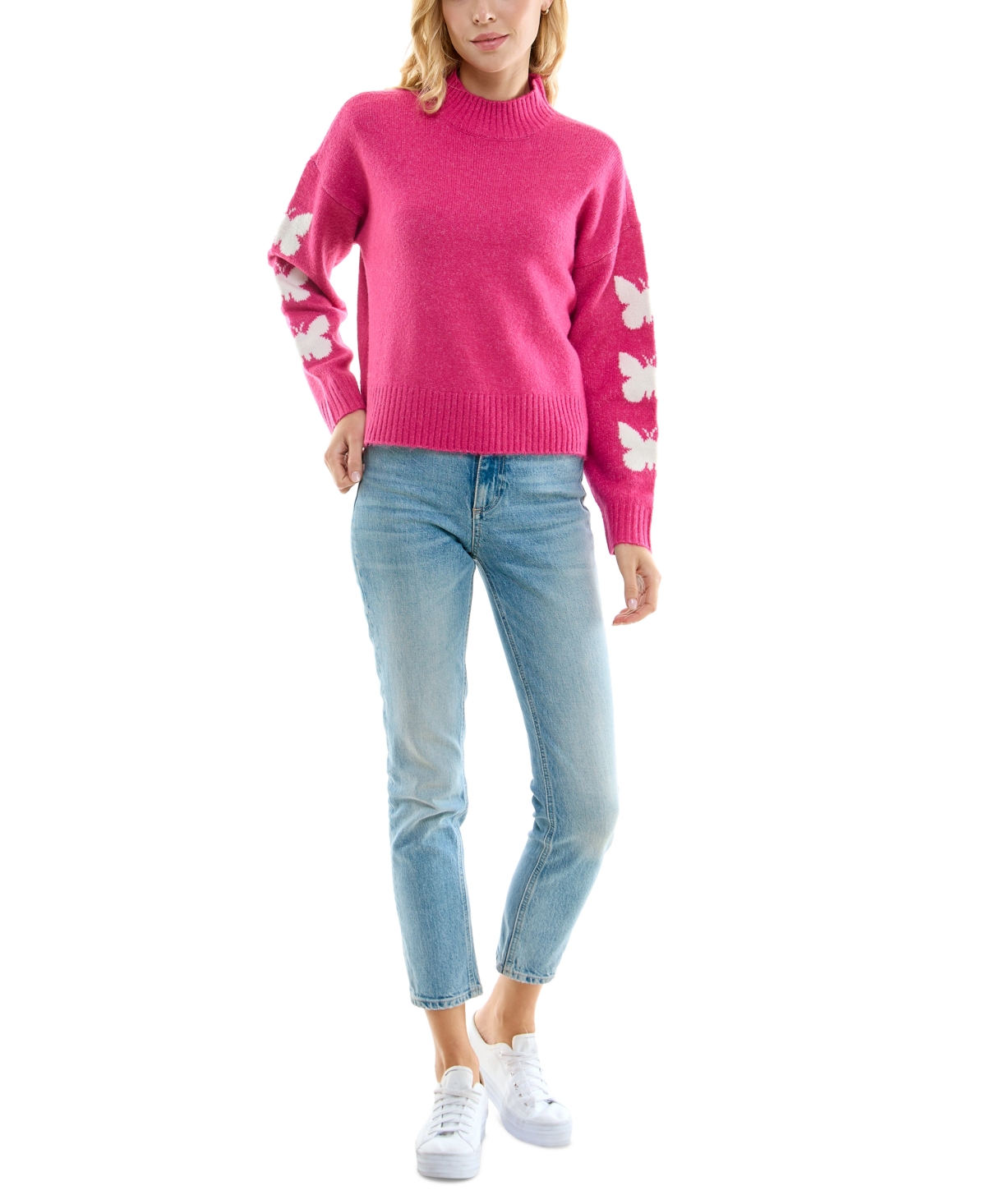 Shop Ultra Flirt Juniors' Butterflies Mock-turtleneck Sweater In Pink Butterfly