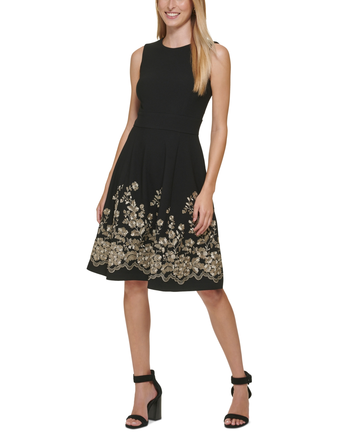 Calvin Klein Petites Womens Embroidered Mini Fit & Flare Dress In Black Gold