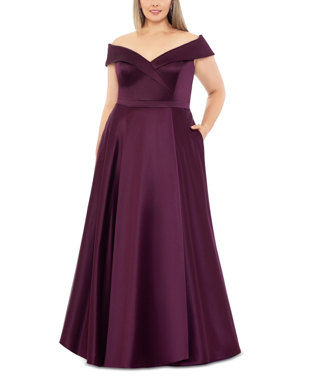 Xscape Plus Size Satin Off-the-shoulder Front-slit Gown In Aubergine