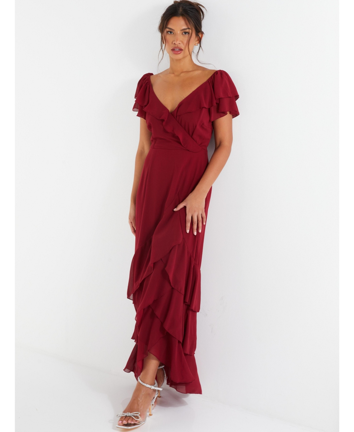 Women's Chiffon Frill Maxi Dress - Red