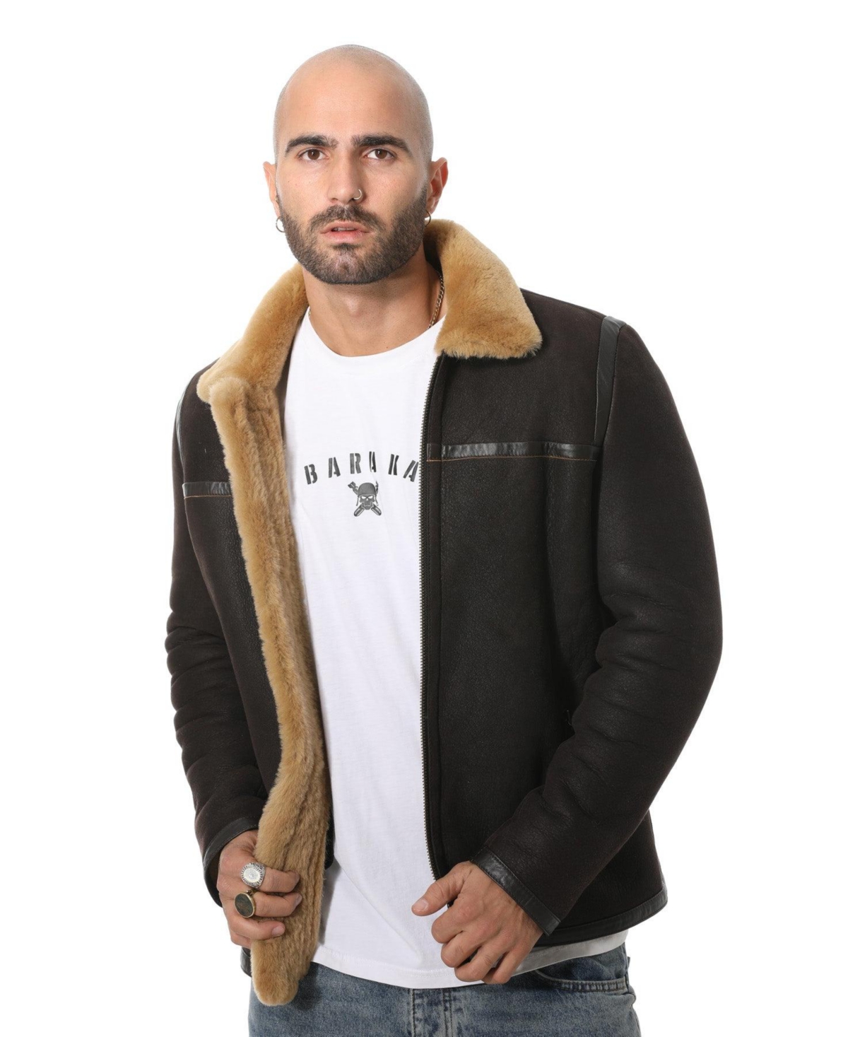Men's Leather Banded Sheepskin Casual Jacket, Washed Brown with Ginger Wool - Brown