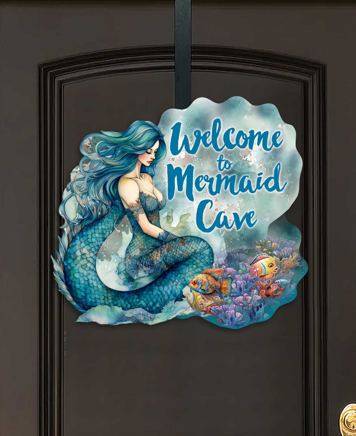 Designocracy Holiday Door Decor Wooden Welcome Sign Welcome To Mermaid Cave G. Debrekht In Multi Color