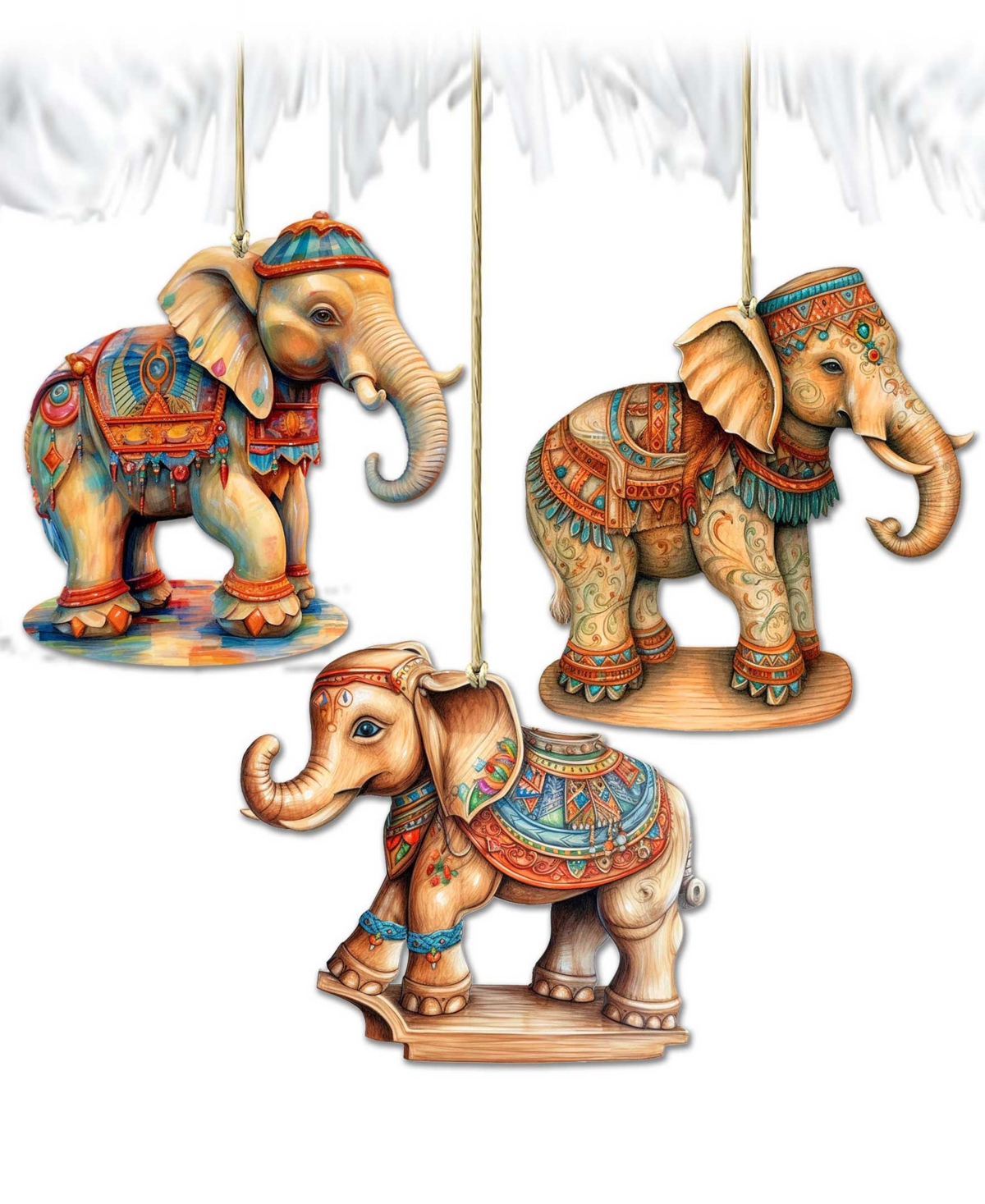 Designocracy Carousel Elephants Christmas Wooden Ornaments Set Of 3 G. Debrekht In Multi Color