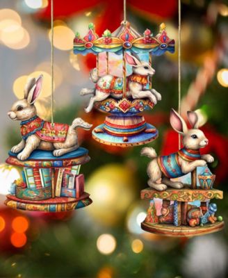 Carousel Bunnies Christmas Wooden Ornaments Holiday Decor Set of 3 G. DeBrekht
