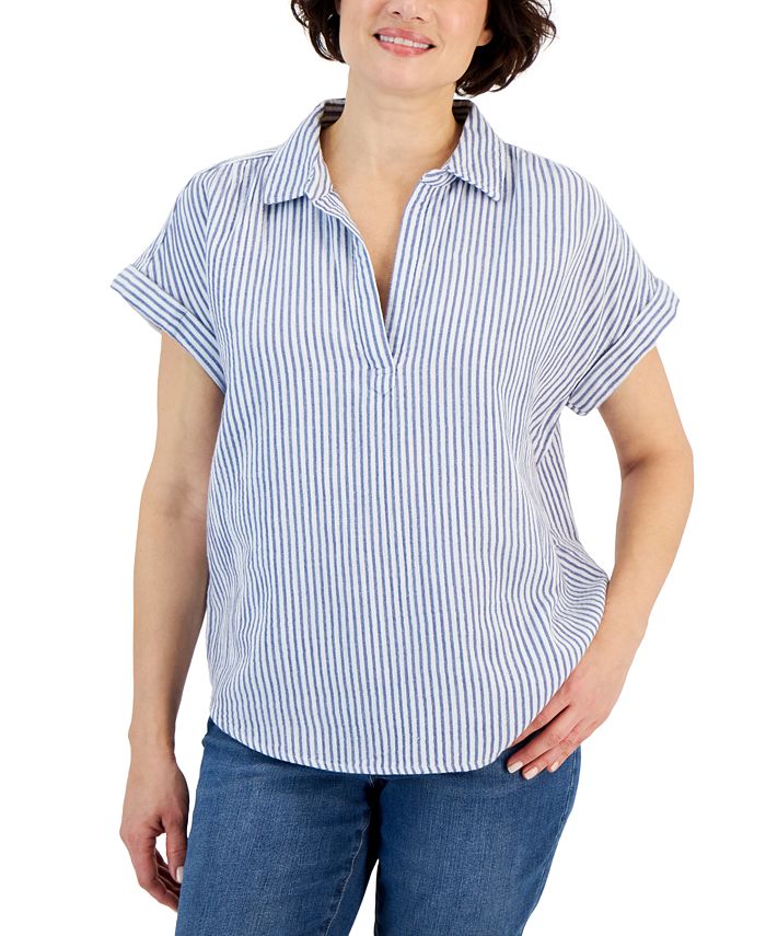 Style & Co Women's Striped Cotton Gauze Popover Shirt, Created for Macy