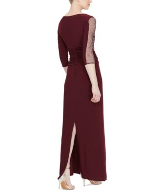 Women's Beaded-Sleeve Ruched-Waist Gown