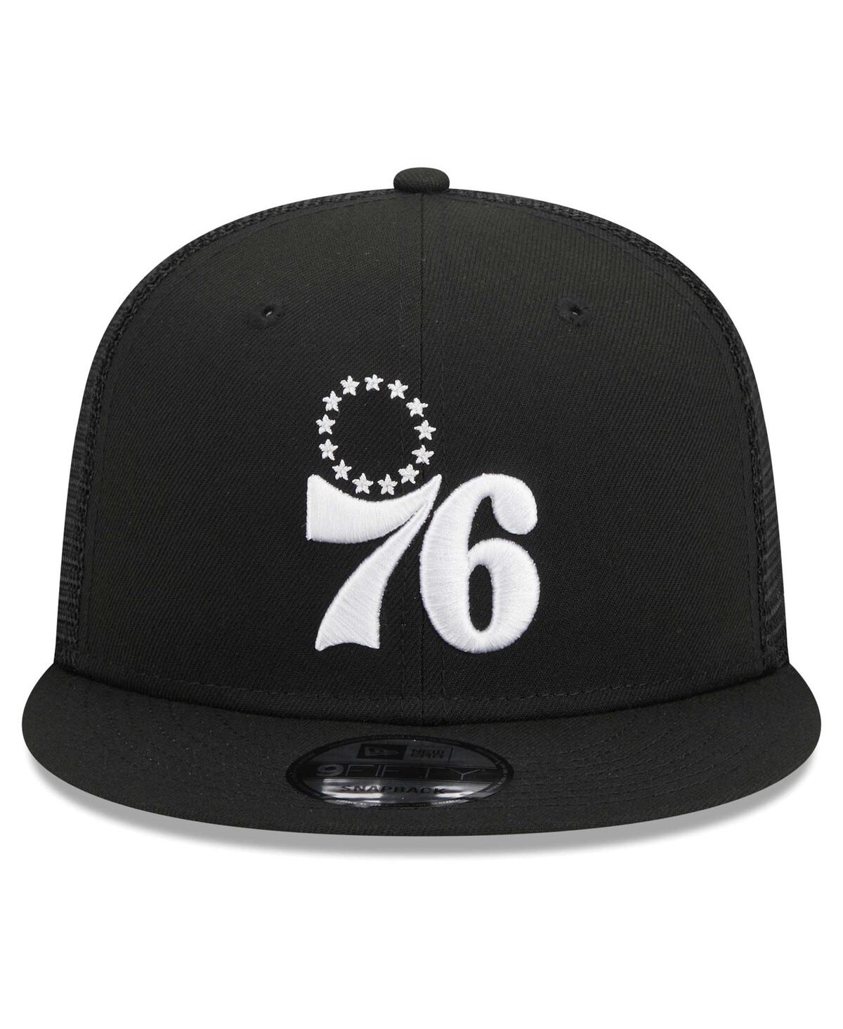 NEW ERA MEN'S NEW ERA BLACK PHILADELPHIA 76ERS EVERGREEN 9FIFTY TRUCKER SNAPBACK HAT 