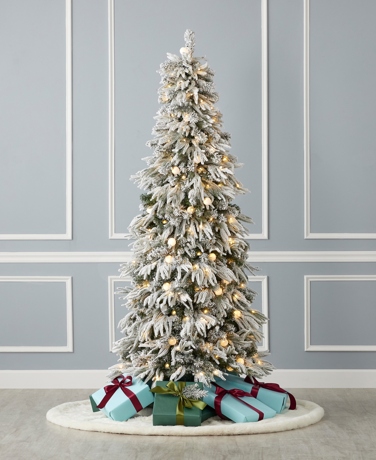 Shop Seasonal Frosted Acadia 7' Pre-lit Flocked Pe Mixed Pvc Slim Tree With Metal Stand, 2571 Tips, 250 Changing L In White