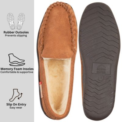 Men's Moccasin Slippers Genuine Suede House Shoe Memory Foam Insole Plush Faux Shearling Lining Comfy Indoor Outdoor Anti-Slip Rubber Sole