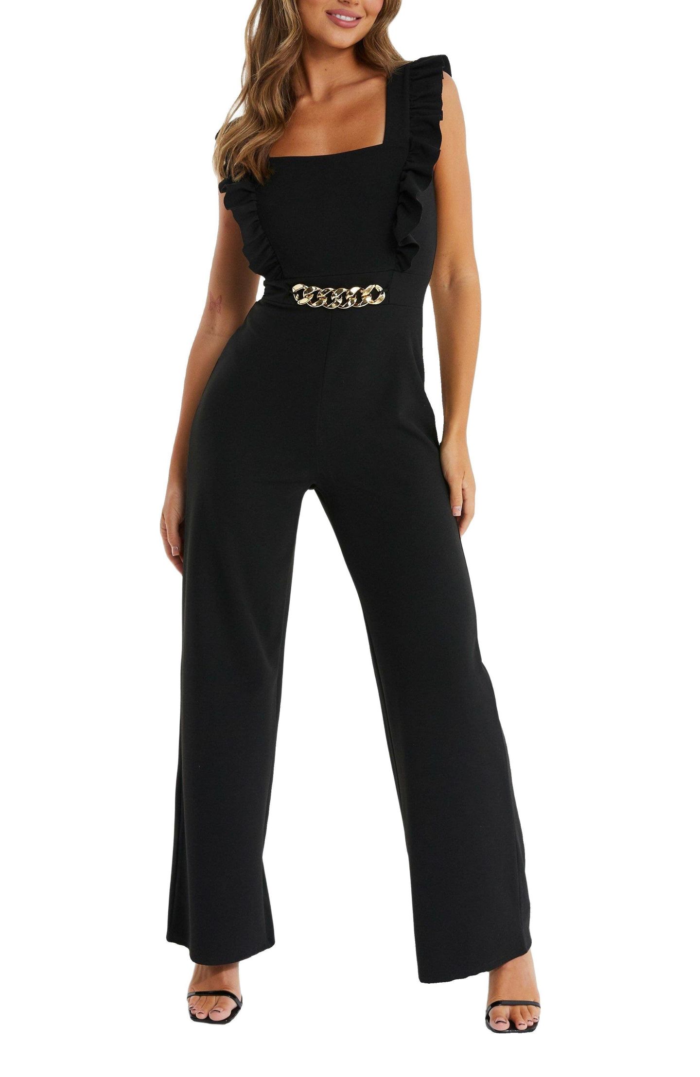 Женский комбинезон QUIZ Scuba Crepe Frill Chain Front Jumpsuit - Black, цвет: Чёрный — фото 1