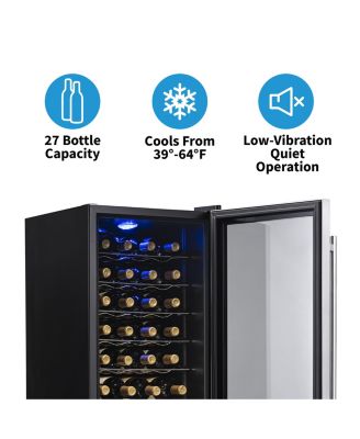 Freestanding 27 Bottle Compressor Wine Fridge in Stainless Steel, Adjustable Chrome Racks and Exterior Digital Thermostat