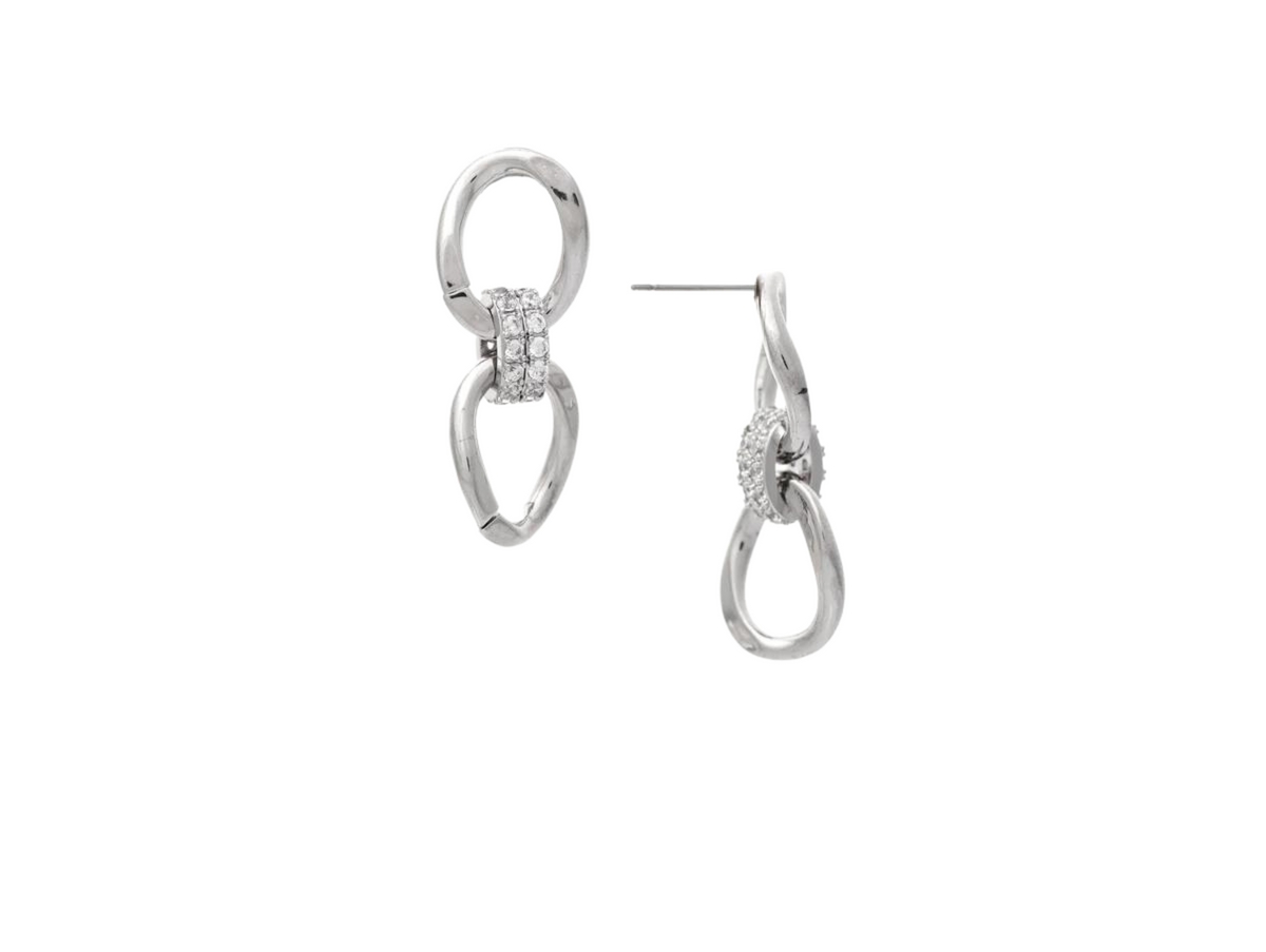 Rhodium Curb Link Cubic Zirconia Drop Earrings - Silver with cubic zirconia
