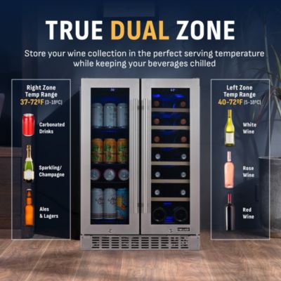 24 Inch Premium Built-in Dual Zone 20 Bottle and 60 Can French Door Wine and Beverage Fridge in Stainless Steel with SplitShelf