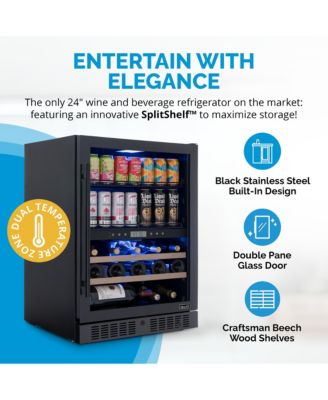 24" Dual Zone Fridge – Holds 24 Wine Bottles & 100 Cans, Quiet Cooling, Charcoal Filter, Door Alarm, Black Stainless Steel.