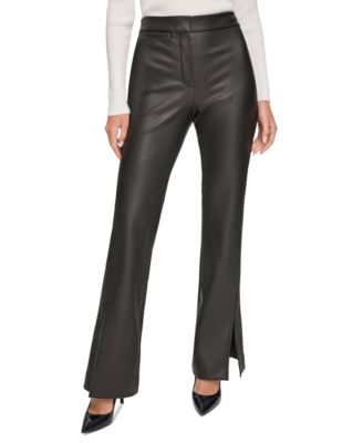 DKNY - Women's Faux Leather Mid Rise Split-Cuff Flare Leg Pants
