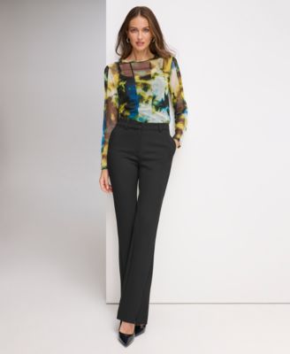 Women's Printed Mesh Long-Sleeve Top and Mid-Rise Split-Cuff Flare-Leg Pants