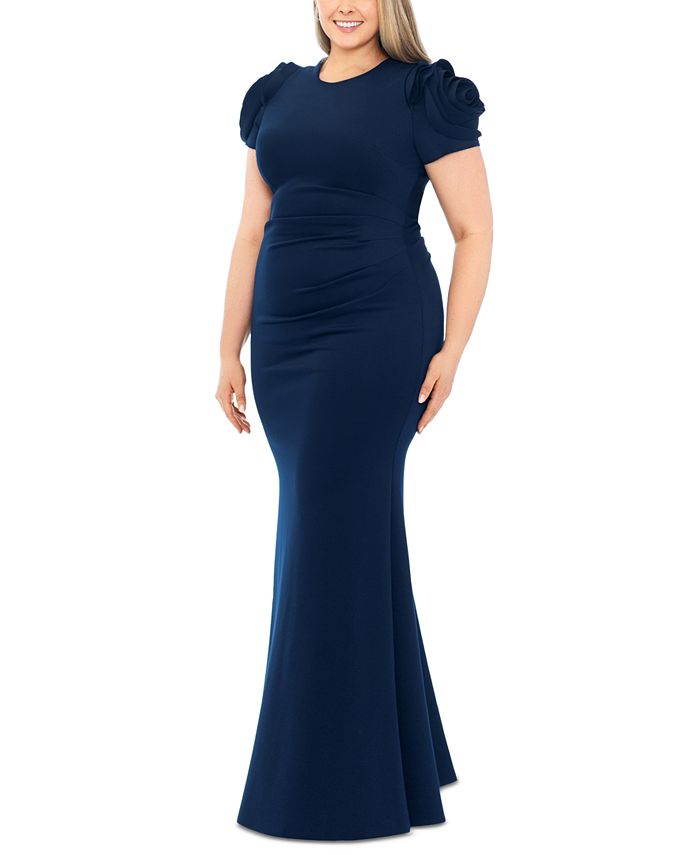 XSCAPE Plus Size 3DFlower ShortSleeve SidePleated Gown Macy's