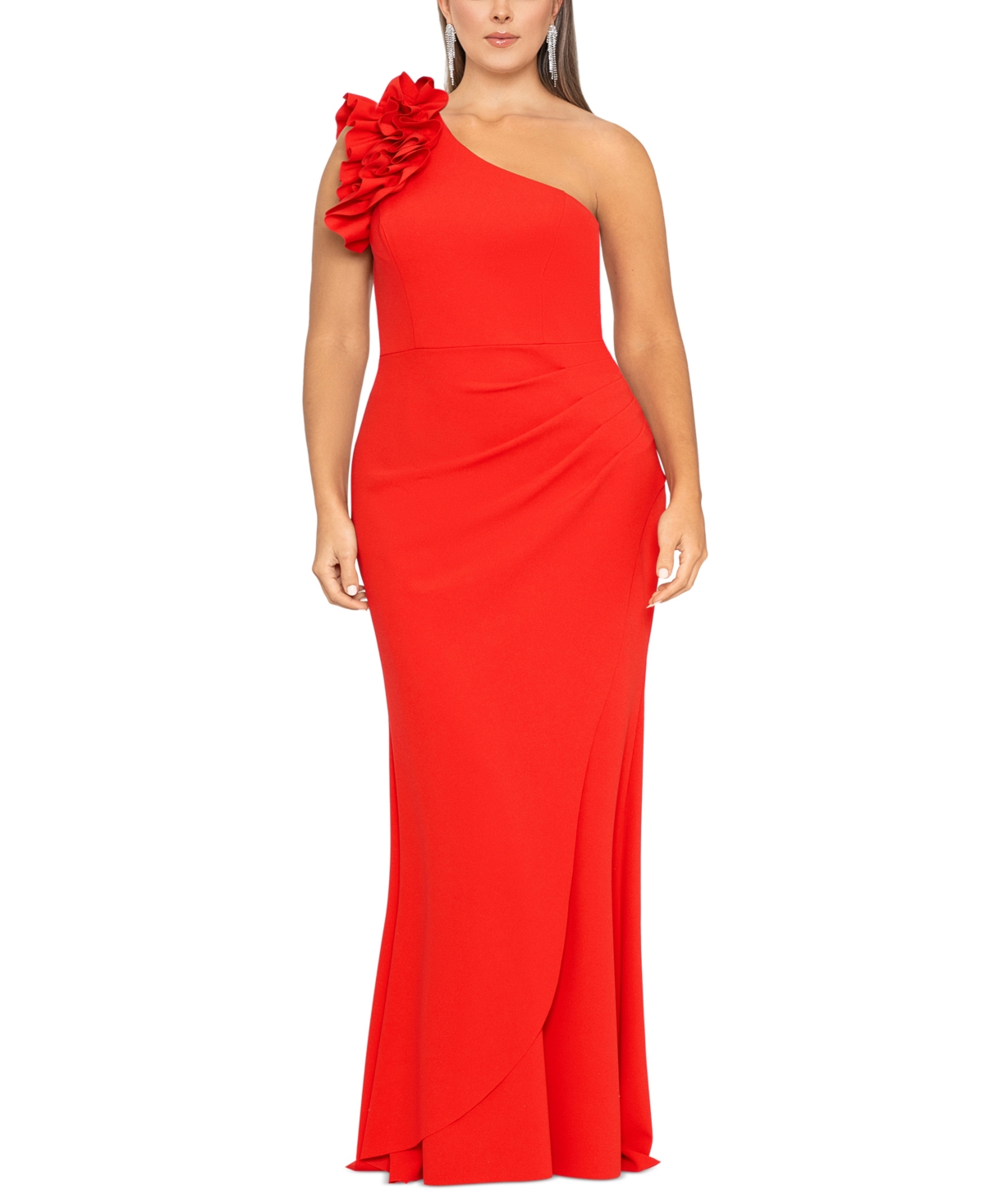 Plus Size Ruffled One-Shoulder Scuba Crepe Gown - Red