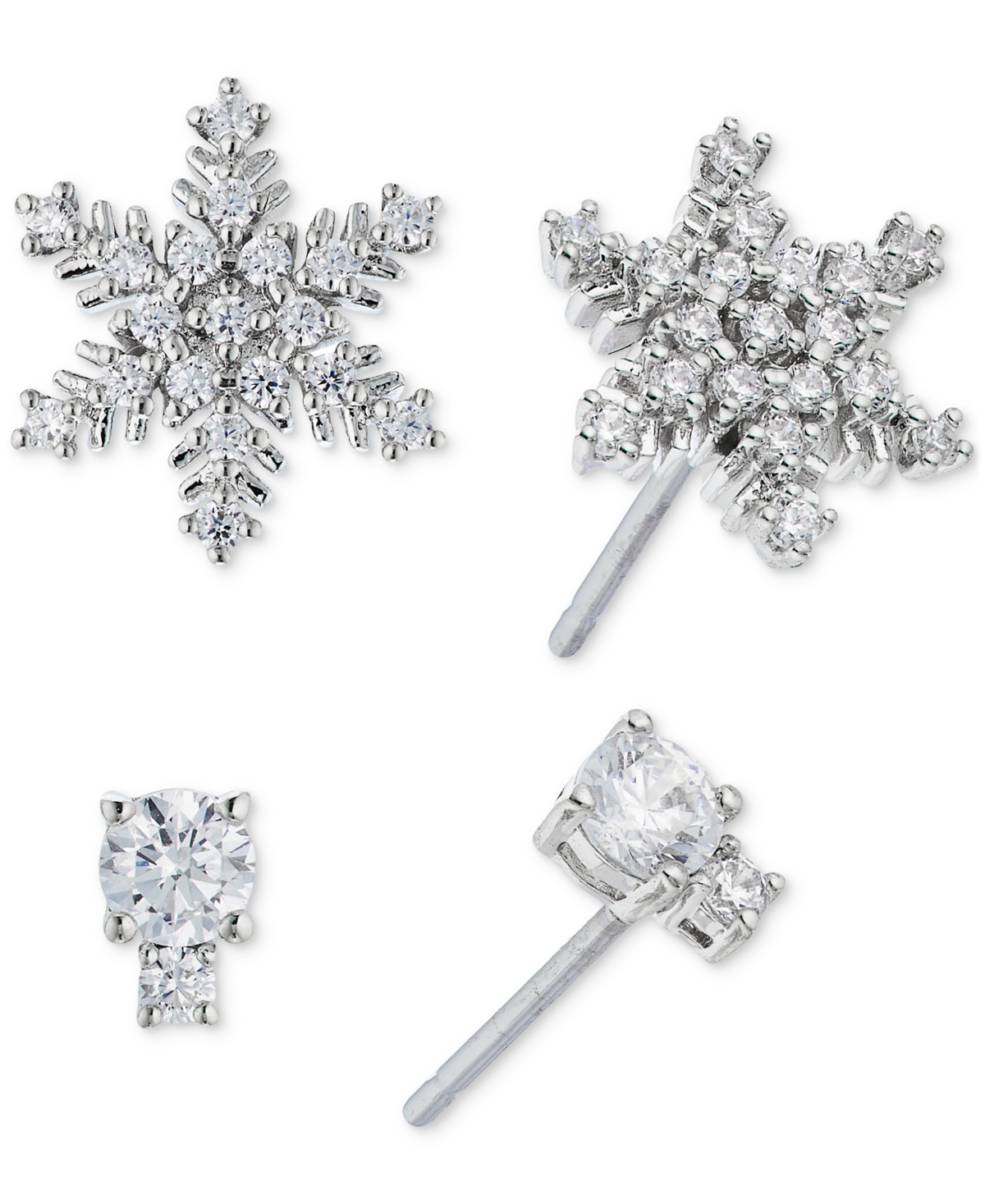 Silver-Tone Crystal Snowflake &Stud Earrings Set - Rhodium