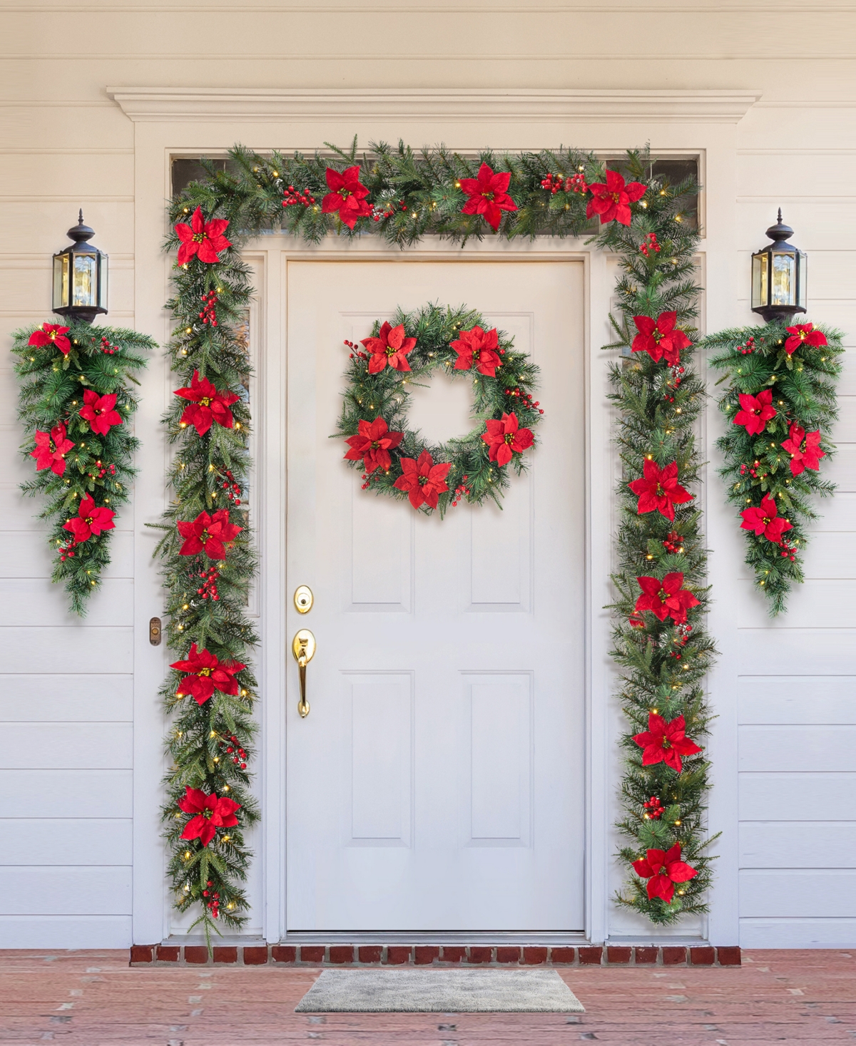 Glitzhome Pre-Lit Greenery Pine Poinsettia and Red Berries Christmas Teardrop Swag with 50 Warm White Lights and Timer