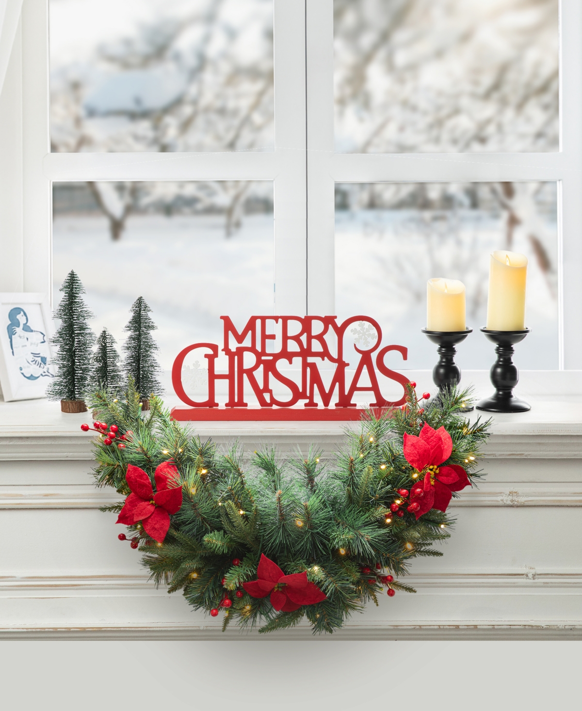Glitzhome Pre-Lit Greenery Pine Poinsettia and Red Berries Christmas Swag with 50 Warm White Lights and Timer