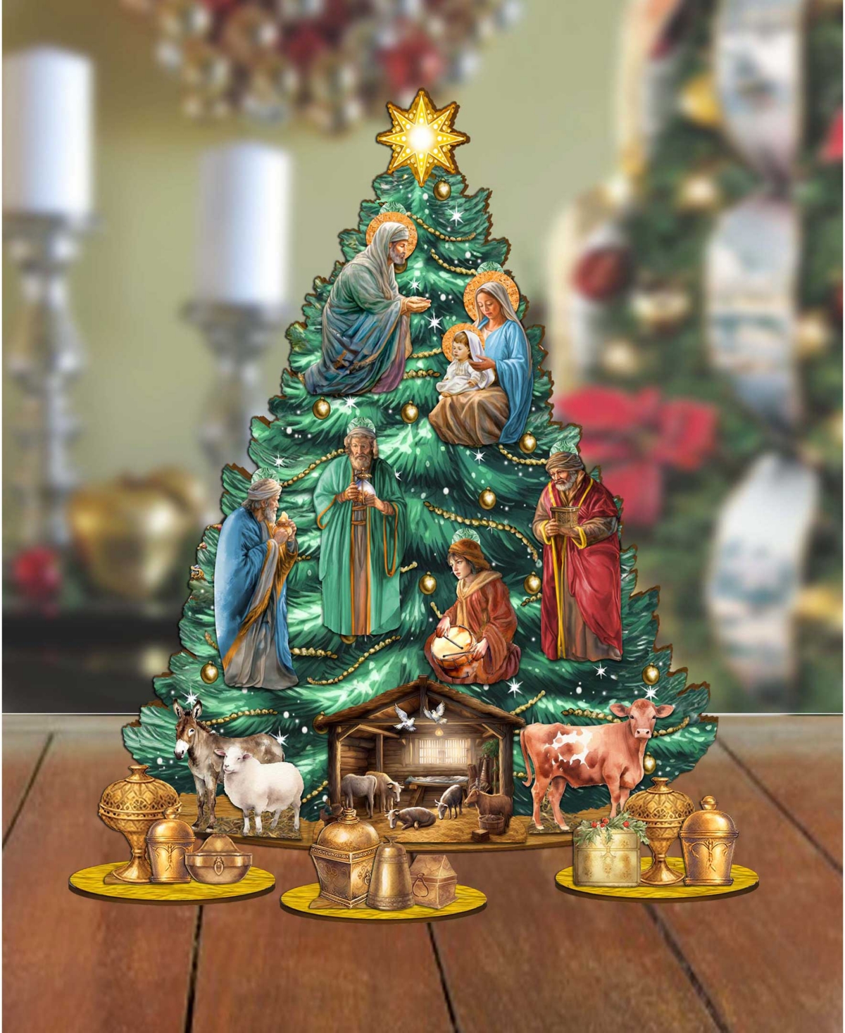 Shop Designocracy Christmas Story Themed Wooden Christmas Tree With Ornaments Set Of 13 G. Debrekht In Multi Color