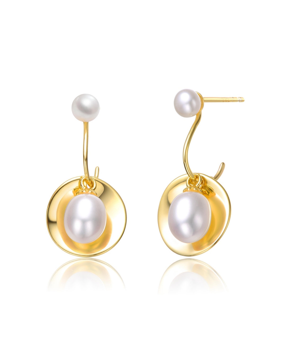 Sterling Silver 14k Yellow Gold Plated with White Freshwater Pearl Double Drop Seashell Dangle Earrings - Gold