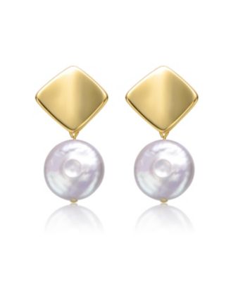 Sterling Silver 14k Yellow Gold Plated with White Coin Fresh water Pearl Double Dangle Square Earrings