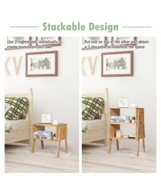 2 Pieces Bamboo Nightstand Sofa Table with Storage Shelf