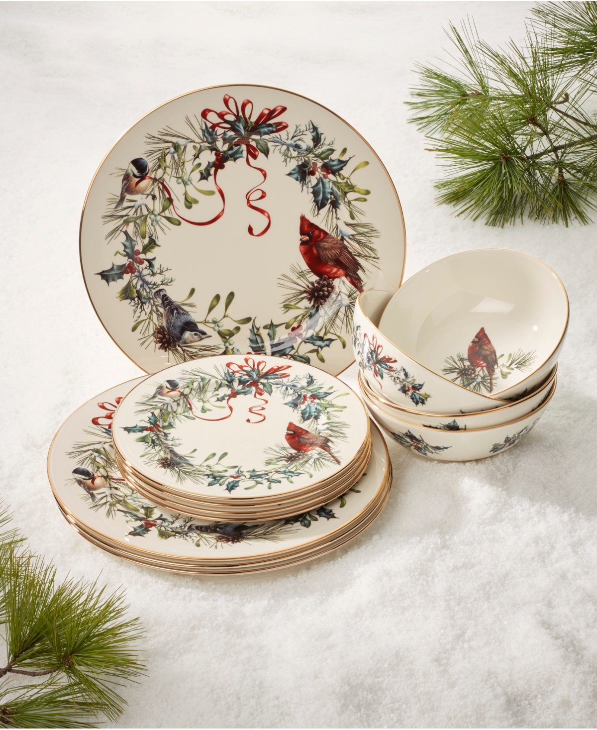 Lenox Winter Greetings 12 Pc. Dinnerware Set, Service For 4 In Red Green And Ivory