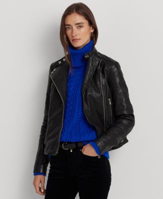 로렌 랄프로렌 Lauren Ralph Lauren Womens Tumbled Leather Moto Jacket,Polo Black